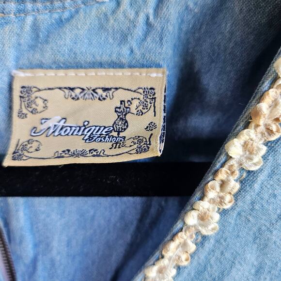🦃Vintage Monique Fashions Chambray Denim Maxi Dress Floral Embroidered Size 10 - Picture 2 of 9